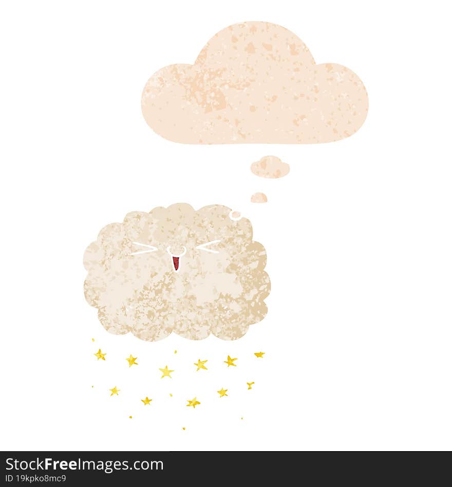 happy cartoon cloud and thought bubble in retro textured style