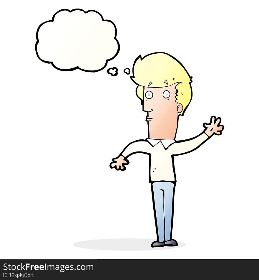 cartoon nervous man waving with thought bubble