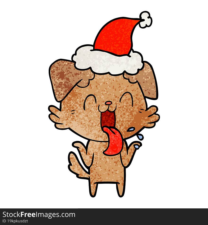 textured cartoon of a panting dog shrugging shoulders wearing santa hat