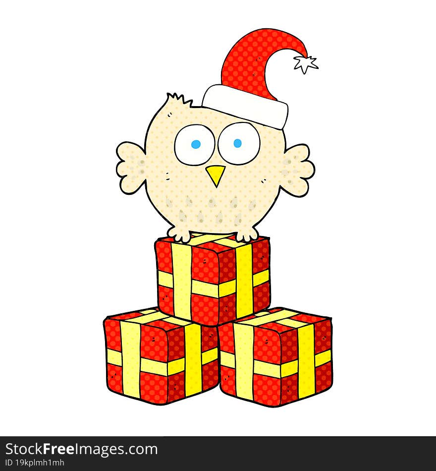 cartoon little owl wearing christmas hat