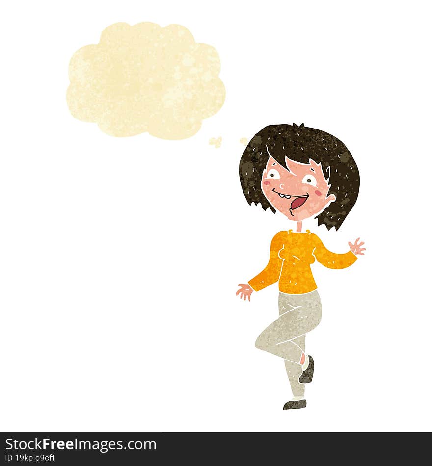 cartoon laughing woman with thought bubble