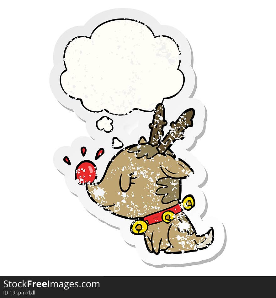 cartoon christmas reindeer with thought bubble as a distressed worn sticker