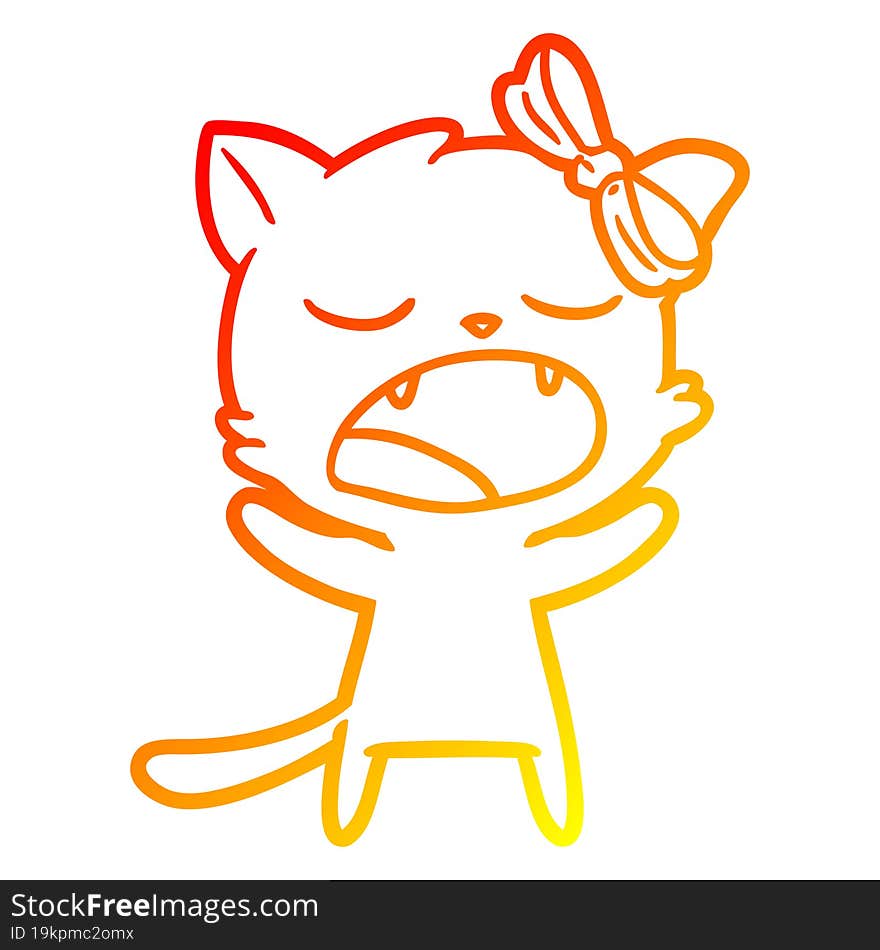 warm gradient line drawing of a cartoon yawning cat