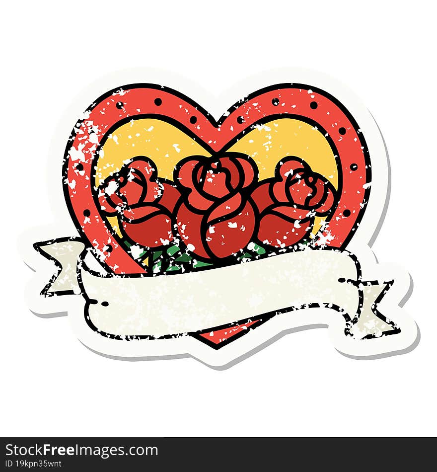 traditional distressed sticker tattoo of a heart and banner with flowers