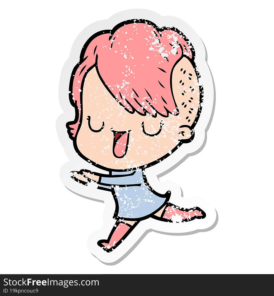 distressed sticker of a cute cartoon girl with hipster haircut