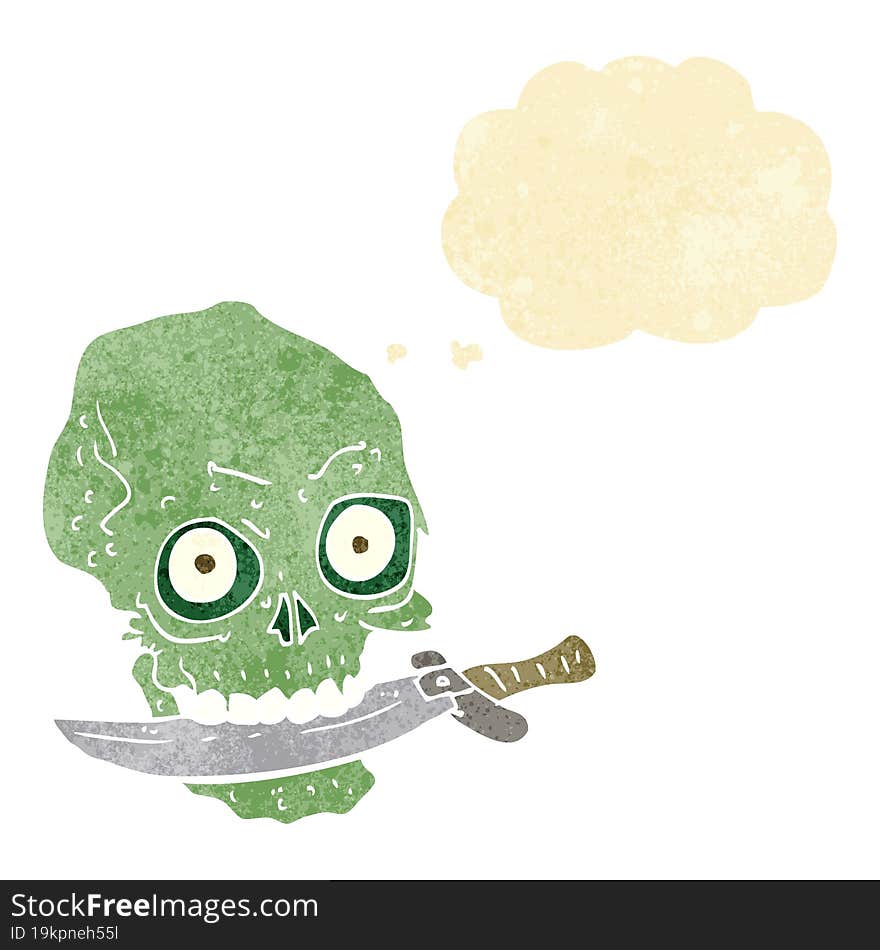 cartoon pirate skull with knife in teeth with thought bubble