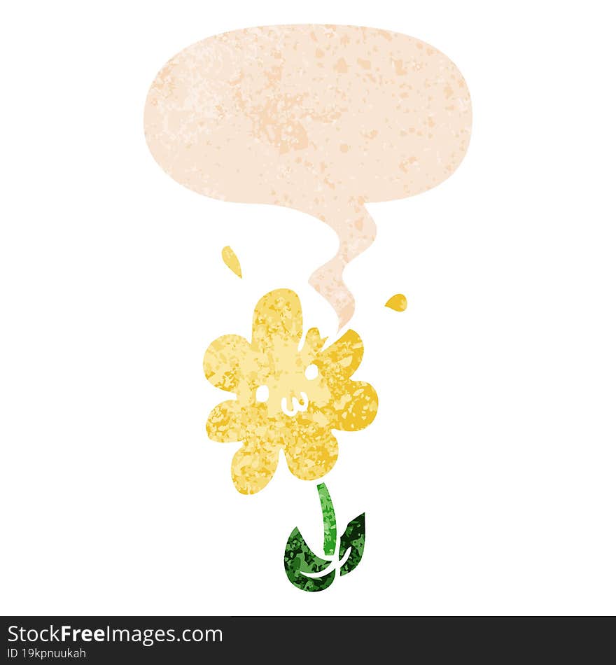 cartoon flower and speech bubble in retro textured style