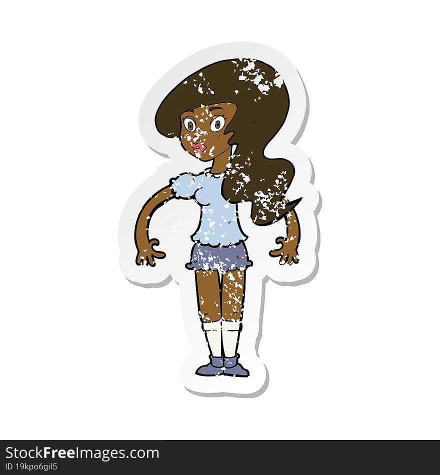 retro distressed sticker of a cartoon pretty woman