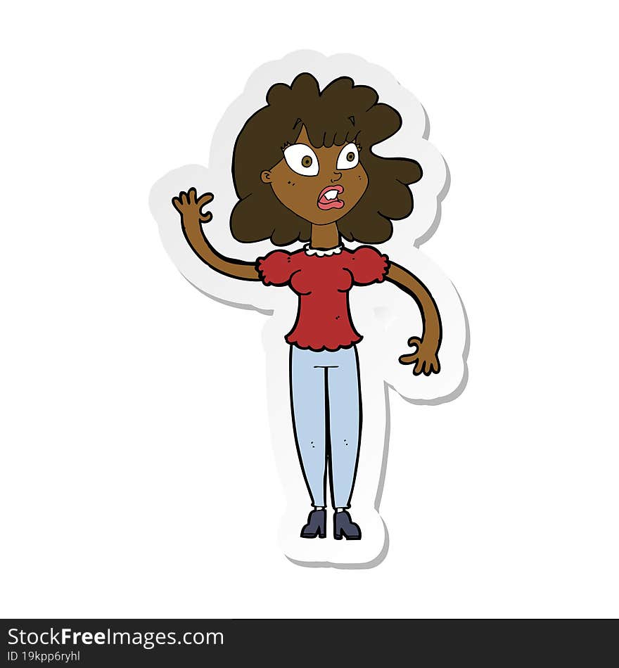 sticker of a cartoon worried woman waving