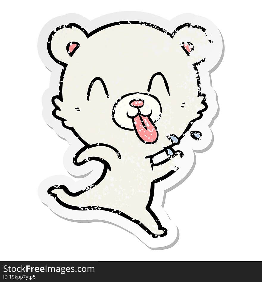 distressed sticker of a rude cartoon polar bear sticking out tongue