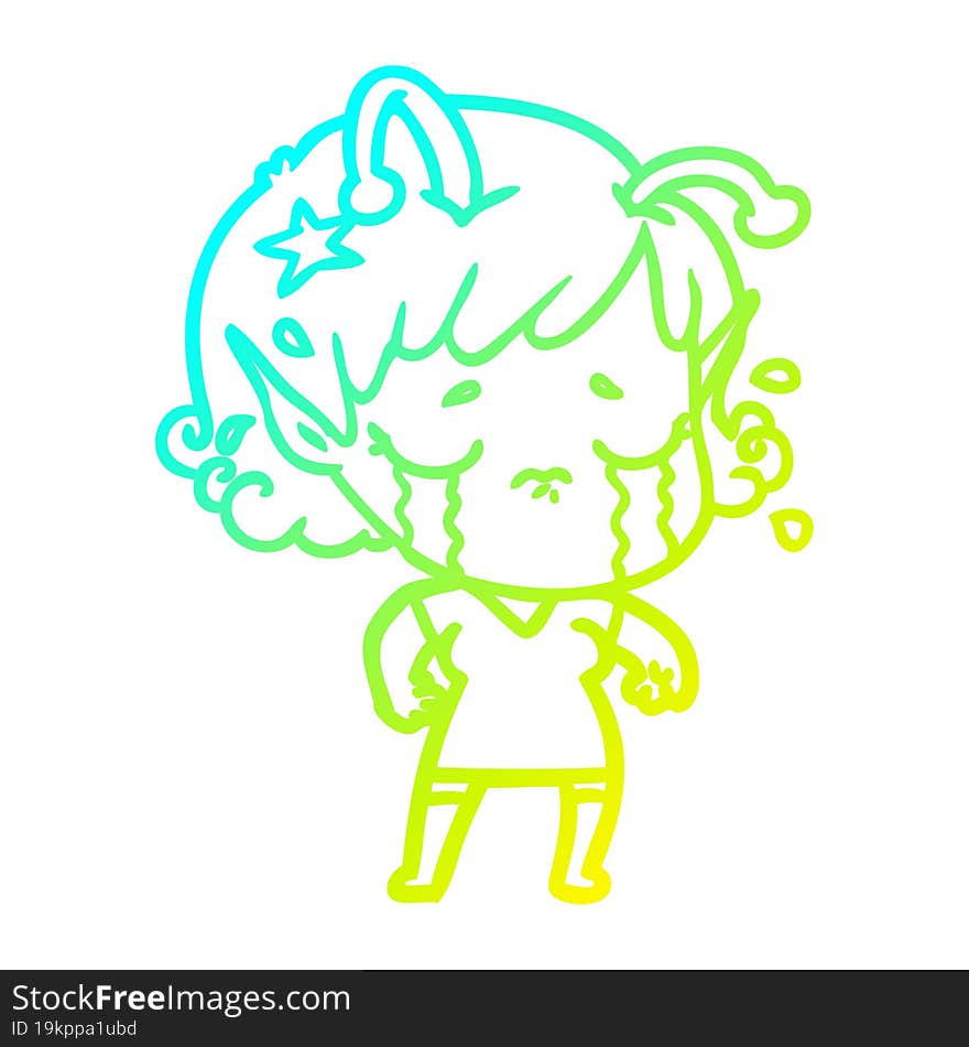 Cold Gradient Line Drawing Cartoon Crying Alien Girl