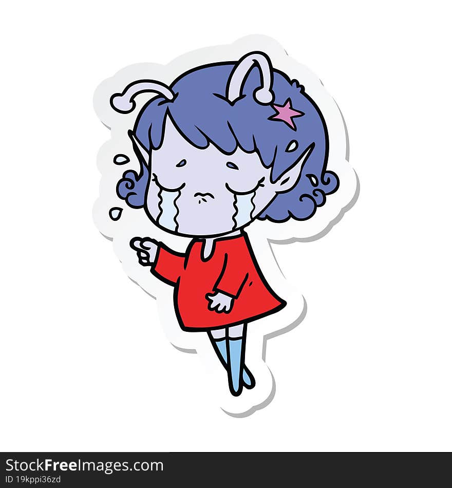 sticker of a cartoon crying alien girl