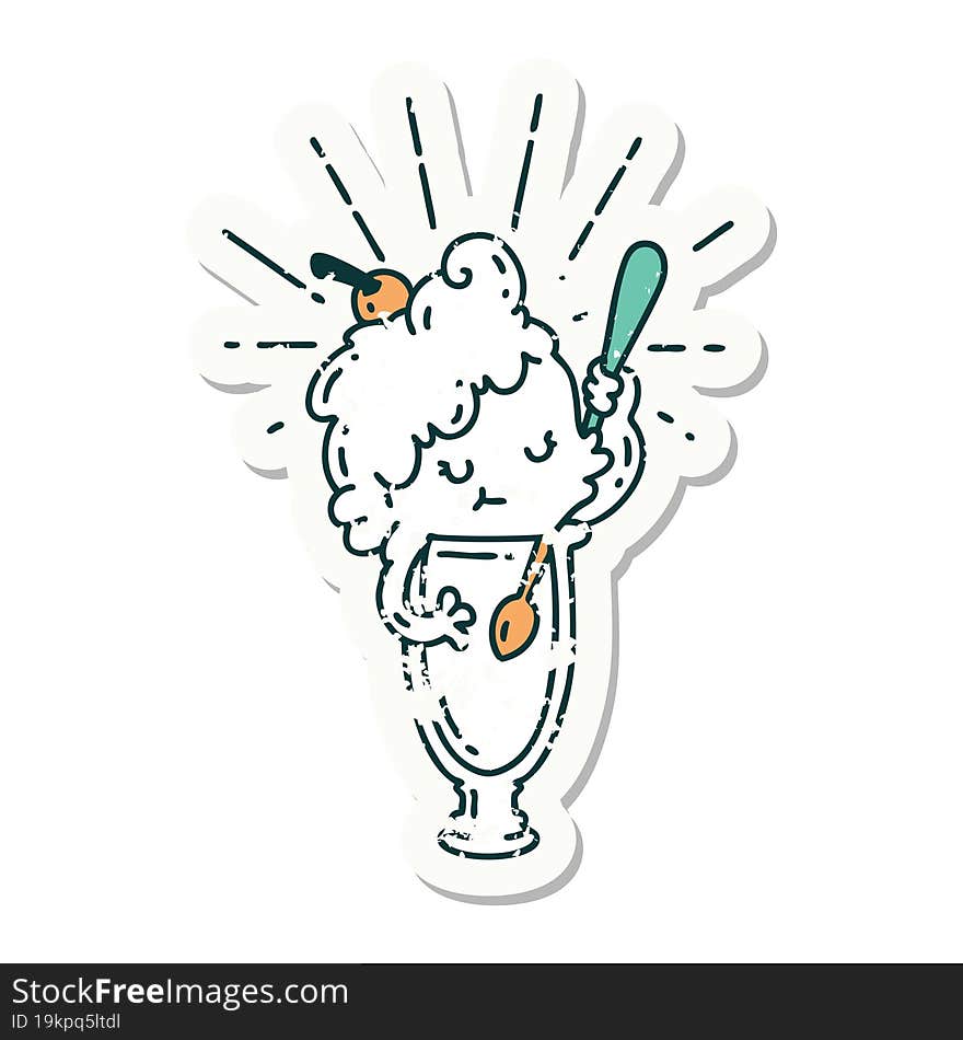 grunge sticker of tattoo style ice cream character