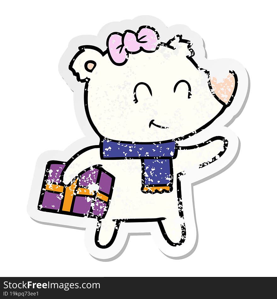 distressed sticker of a female polar bear with christmas present