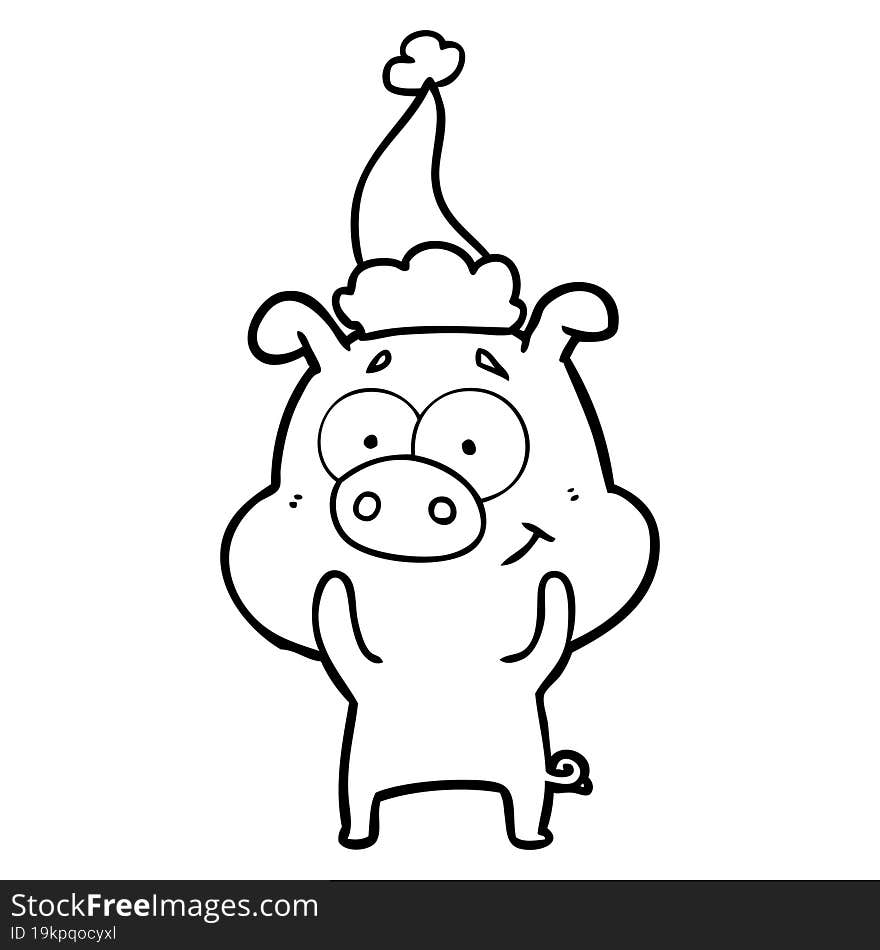 happy line drawing of a pig wearing santa hat