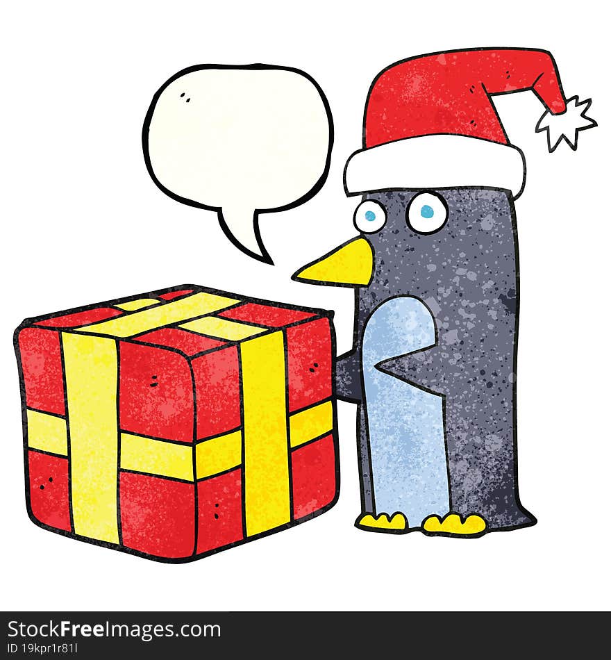 speech bubble textured cartoon christmas penguin with present