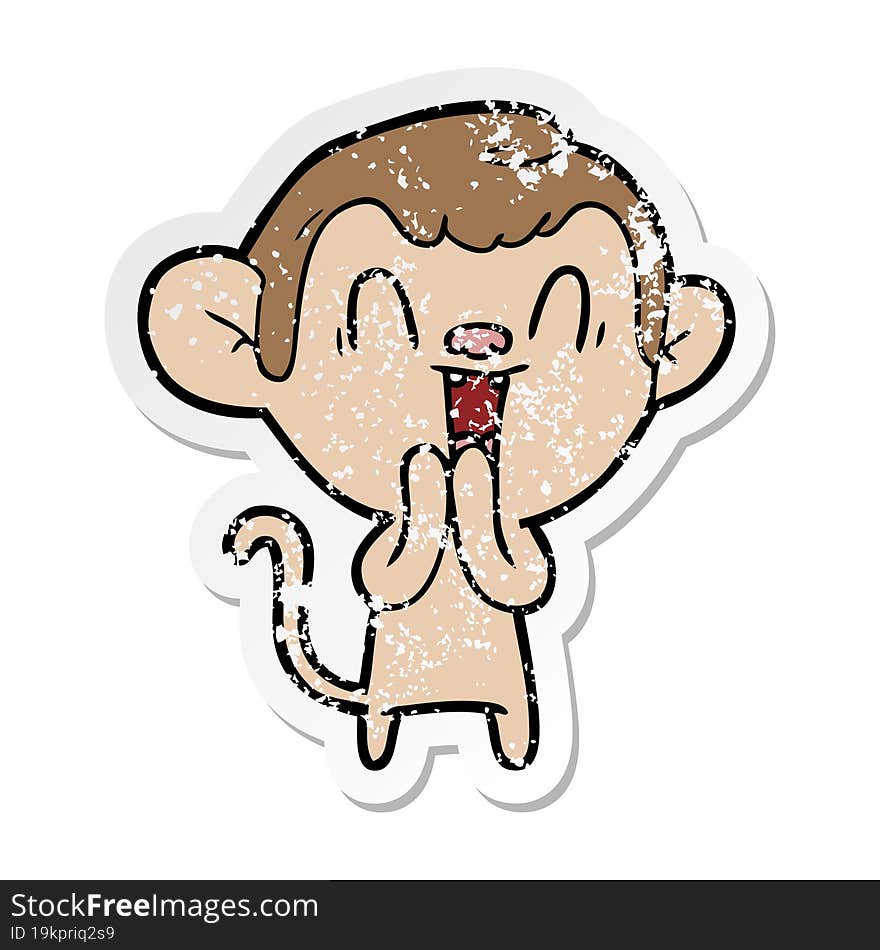 distressed sticker of a cartoon laughing monkey