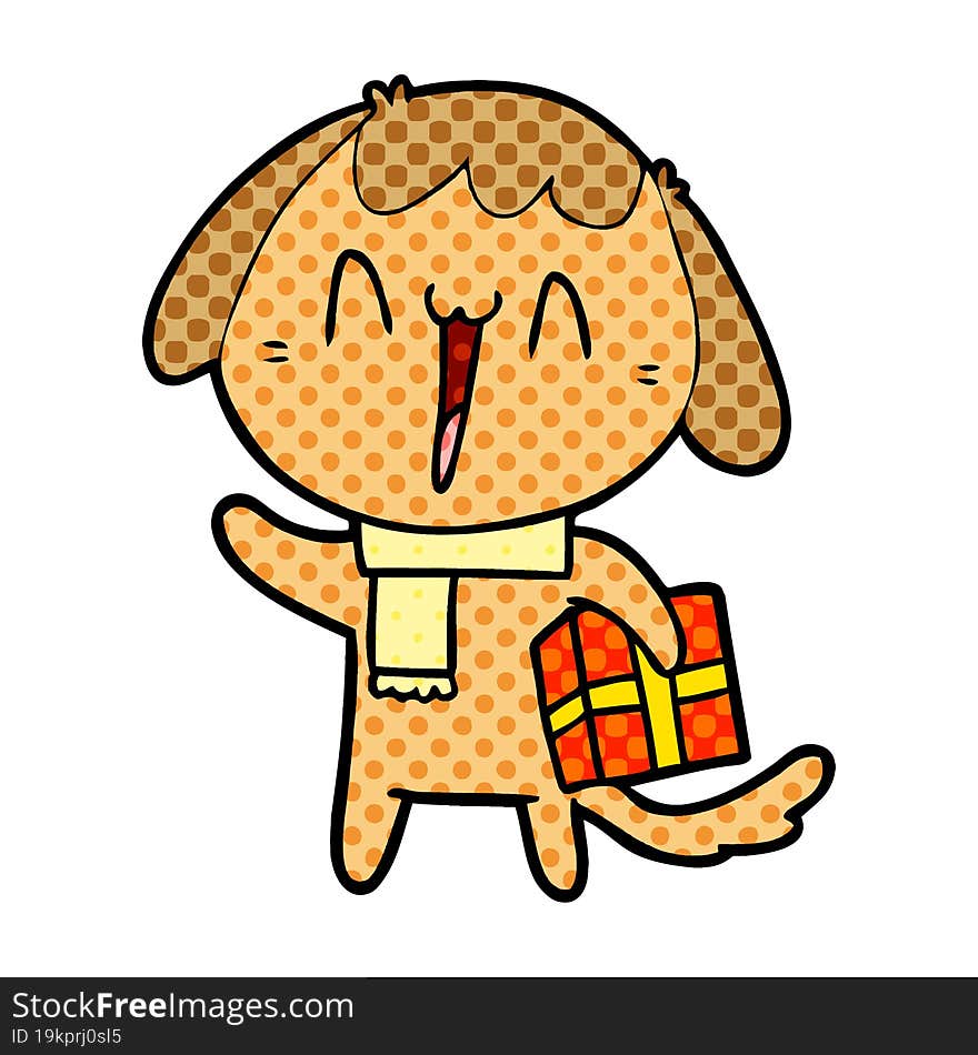 cute cartoon dog with christmas present. cute cartoon dog with christmas present