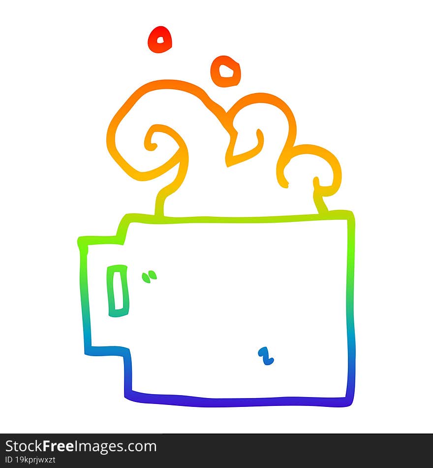 rainbow gradient line drawing of a cartoon hot cup of coffee