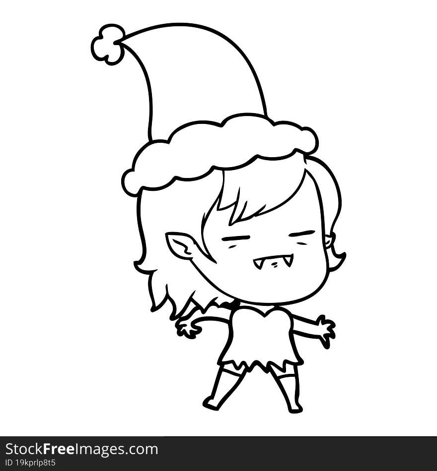 line drawing of a undead vampire girl wearing santa hat