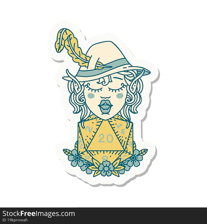 elf bard character with natural twenty dice roll sticker