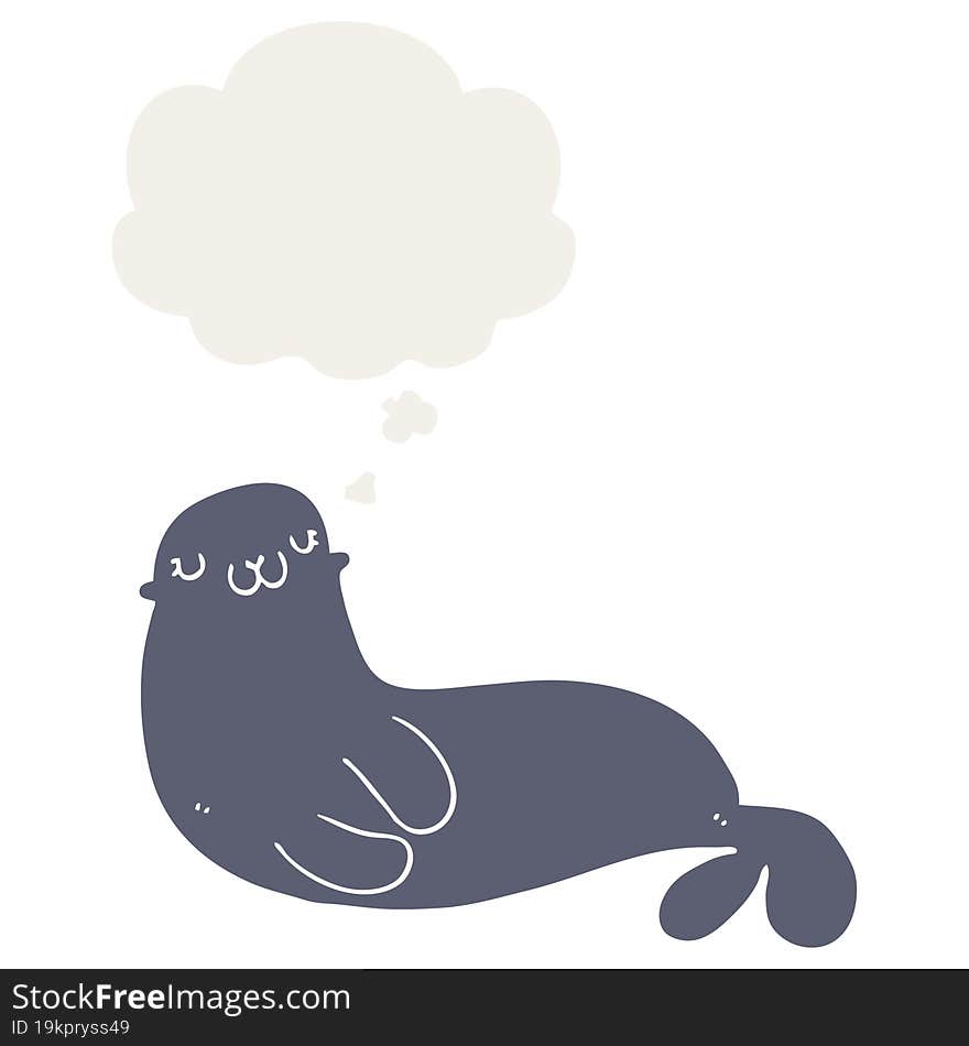 cute cartoon seal and thought bubble in retro style