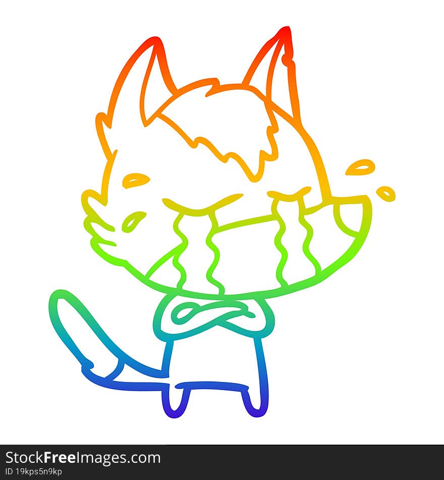 rainbow gradient line drawing of a cartoon crying wolf