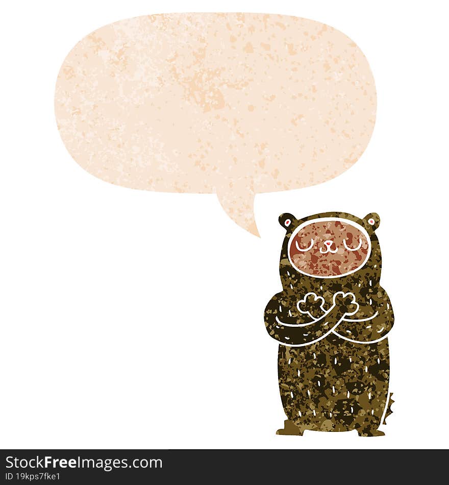 cartoon bear and speech bubble in retro textured style