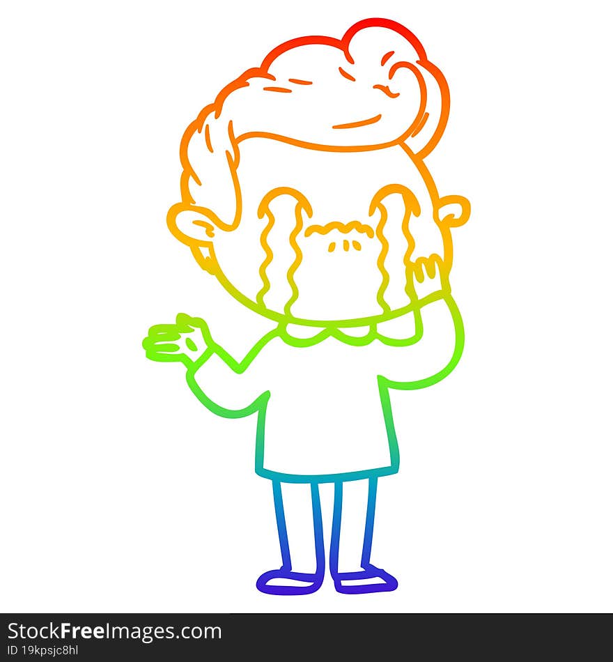 rainbow gradient line drawing of a cartoon man crying