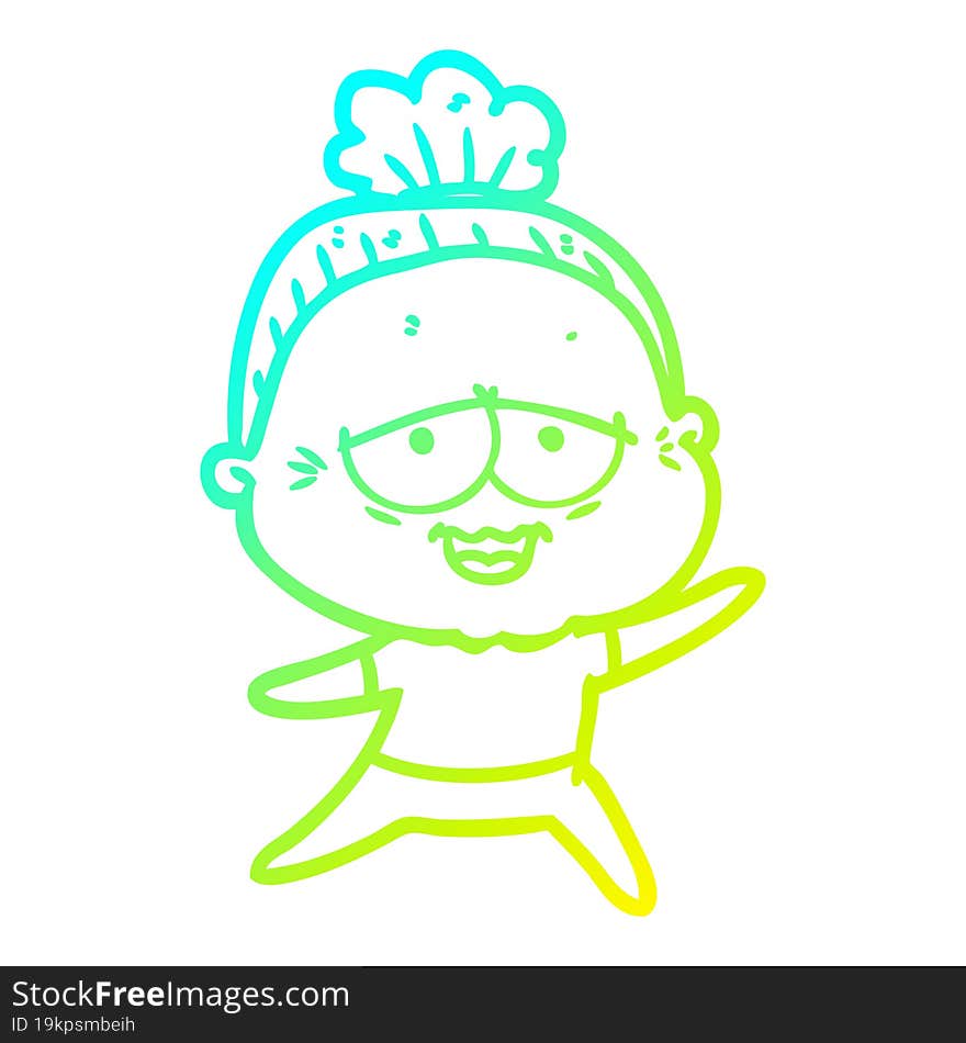 cold gradient line drawing cartoon happy old lady