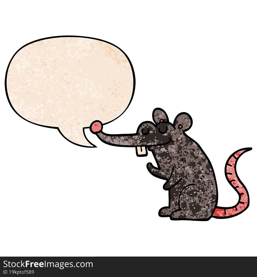 cartoon rat with speech bubble in retro texture style