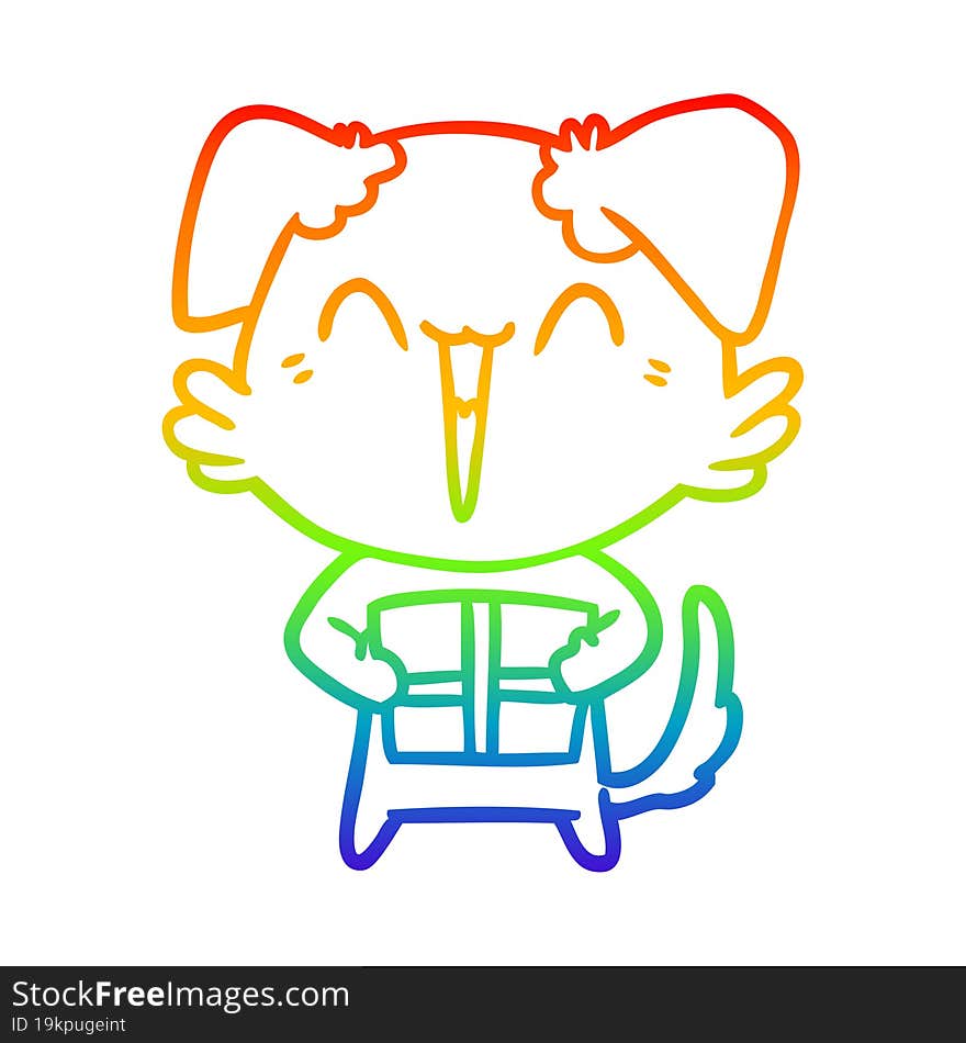 rainbow gradient line drawing of a happy little cartoon dog with present