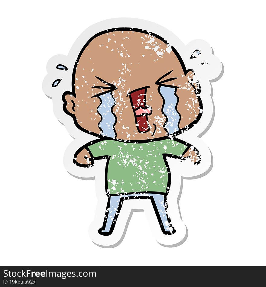 distressed sticker of a cartoon crying bald man