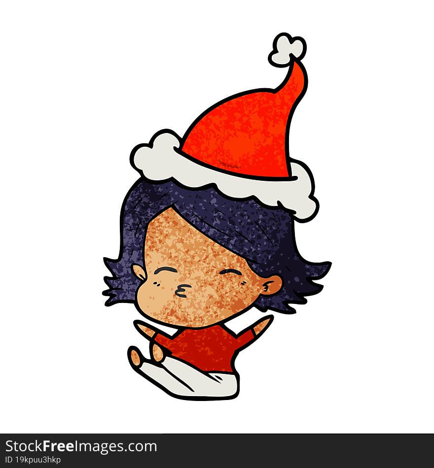 textured cartoon of a woman sitting wearing santa hat