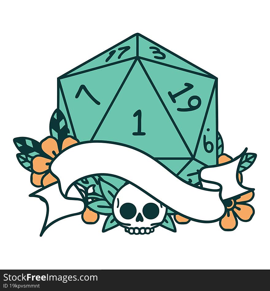 Retro Tattoo Style natural one d20 dice roll. Retro Tattoo Style natural one d20 dice roll