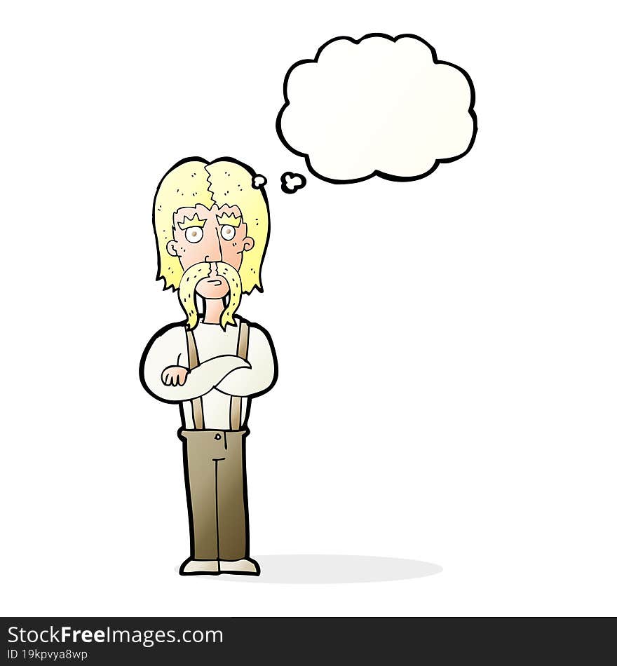 Cartoon Long Mustache Man With Folded Arms With Thought Bubble