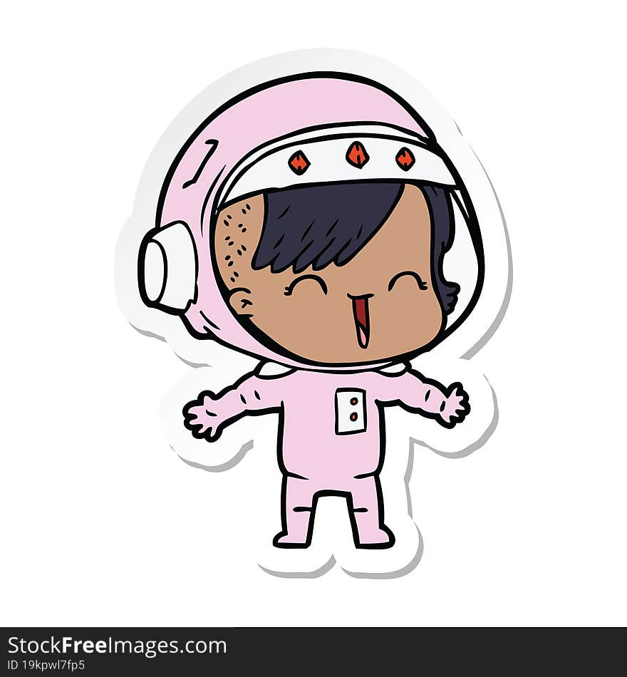 sticker of a cartoon laughing astronaut girl