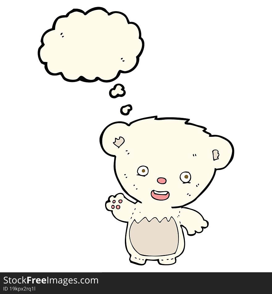 cartoon polar bear cub waving with thought bubble