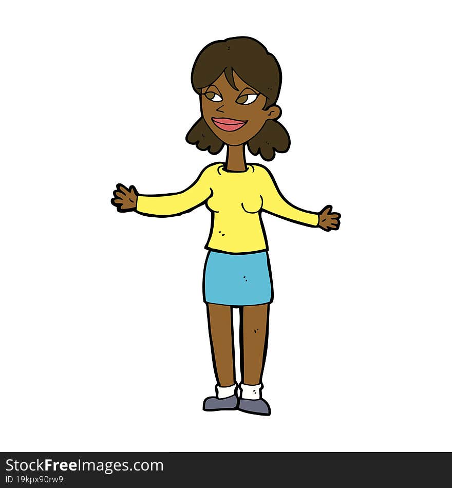 Cartoon Happy Woman Shrugging Shoulders