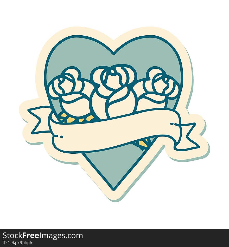 Tattoo Style Sticker Of A Heart And Banner With Flowers