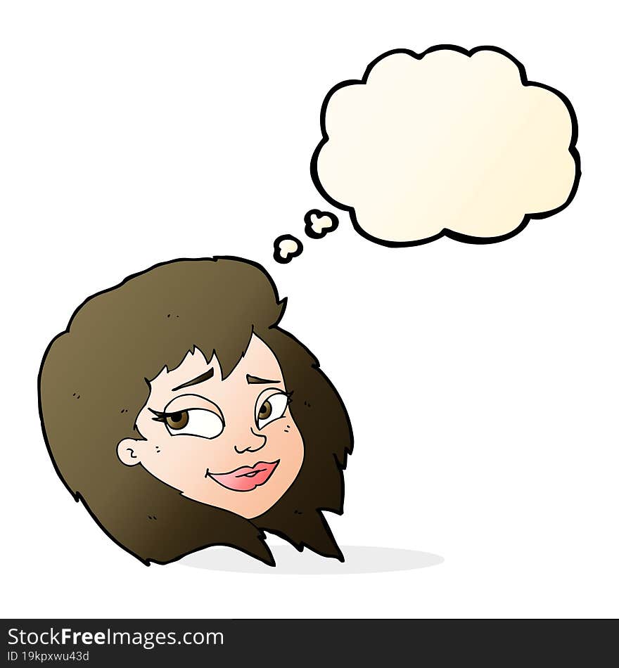 cartoon happy female face with thought bubble