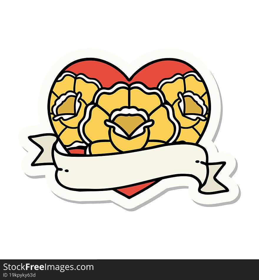 sticker of tattoo in traditional style of a heart and banner with flowers. sticker of tattoo in traditional style of a heart and banner with flowers