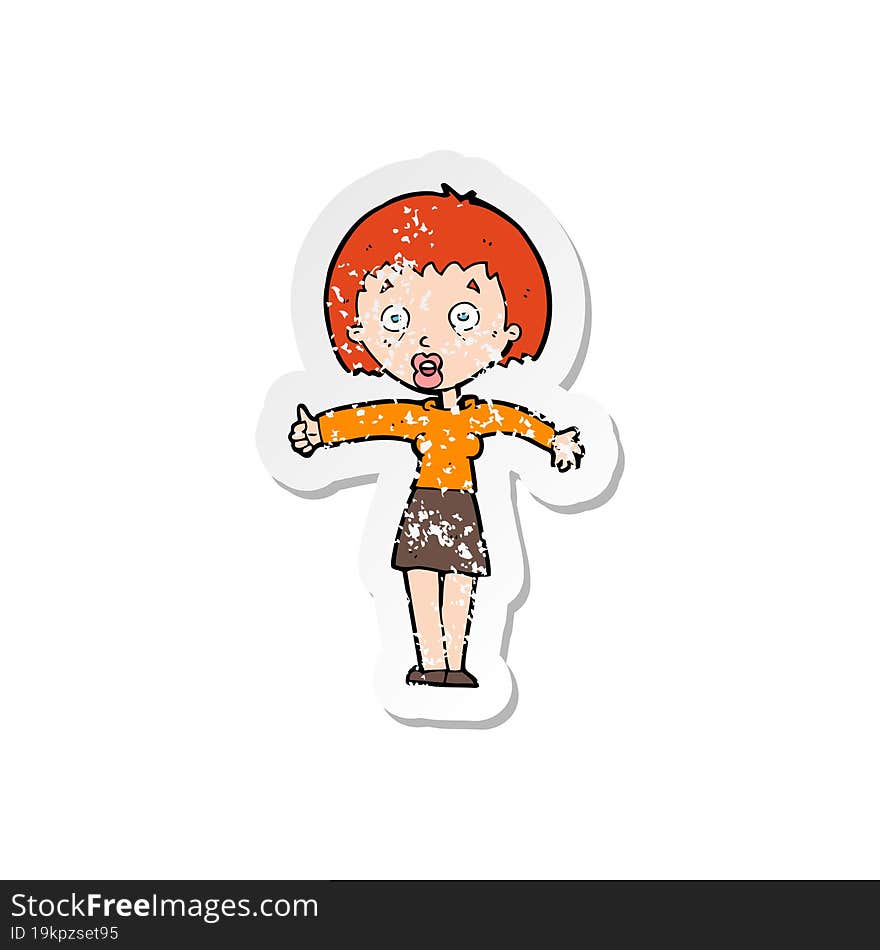 retro distressed sticker of a cartoon amazed woman