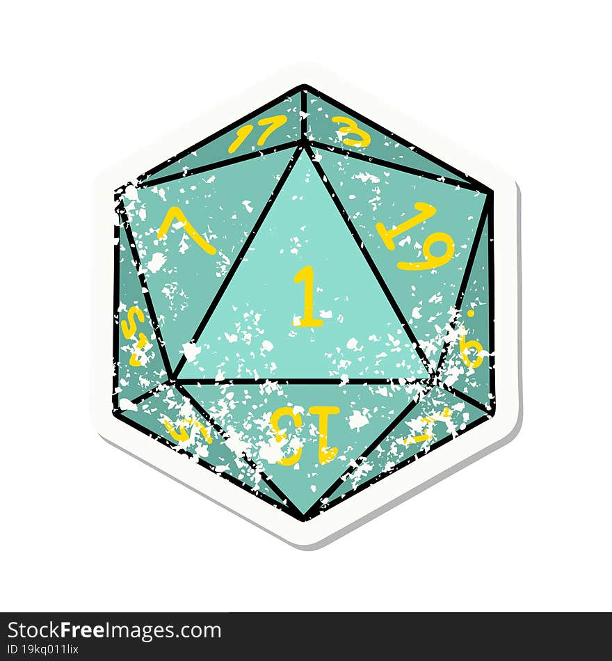 grunge sticker of a natural 1 D20 dice roll. grunge sticker of a natural 1 D20 dice roll