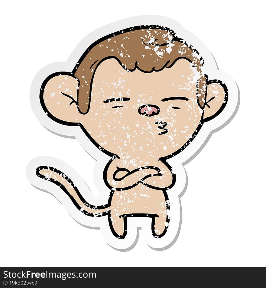 distressed sticker of a cartoon suspicious monkey