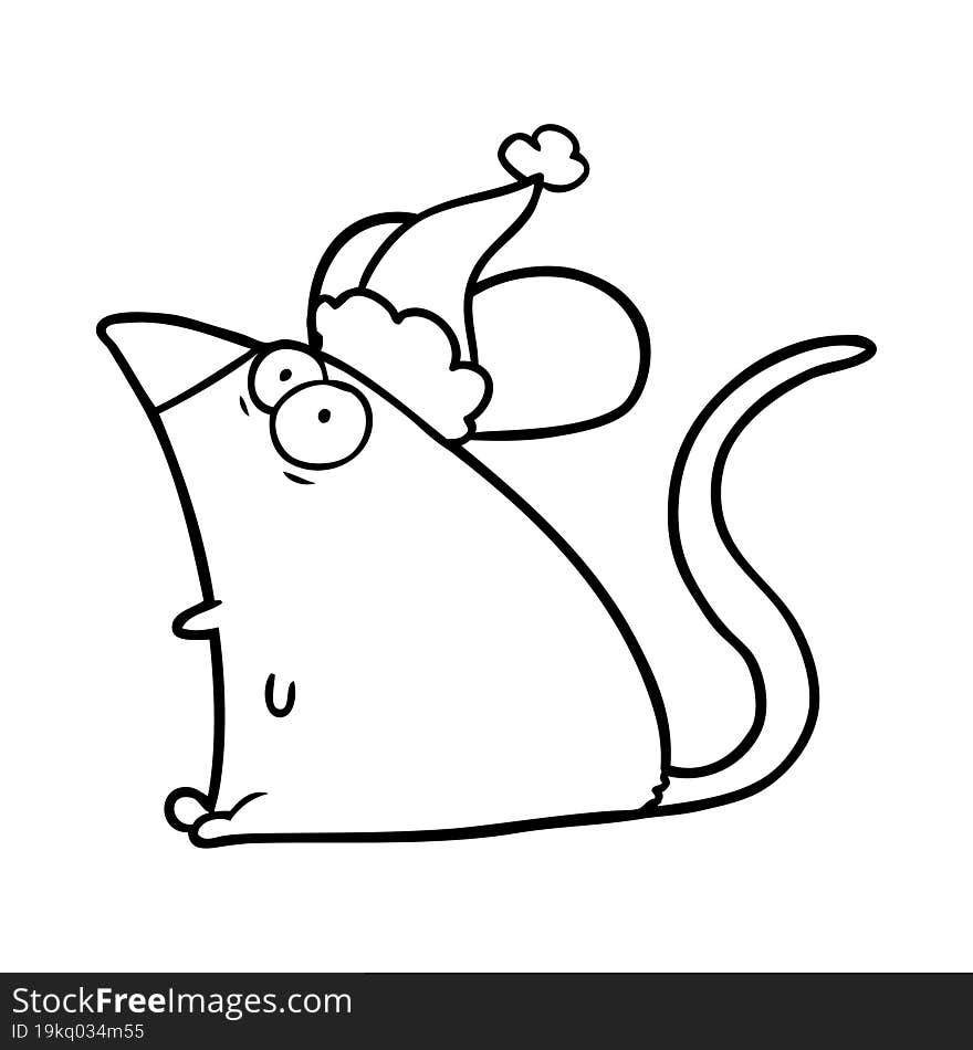 Line Drawing Of A Frightened Mouse Wearing Santa Hat