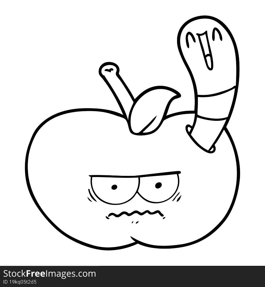 cartoon worm eating an angry apple. cartoon worm eating an angry apple