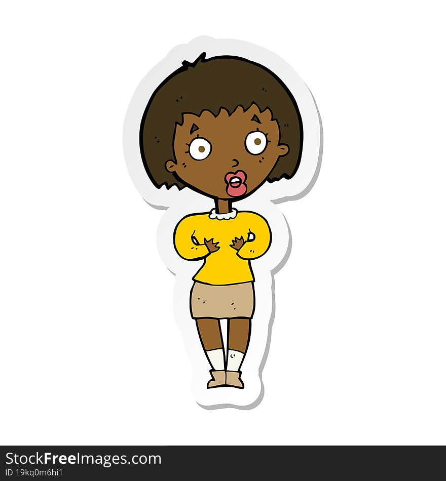 sticker of a cartoon woman making Who Me gesture