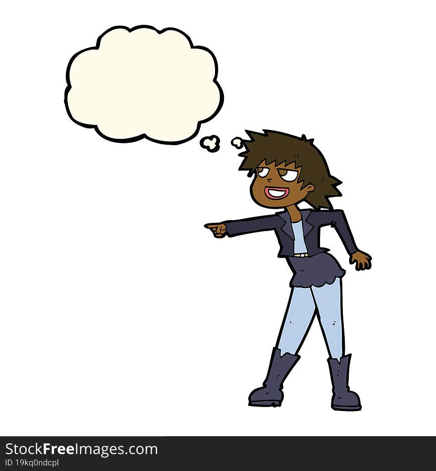 cartoon woman pointing with thought bubble