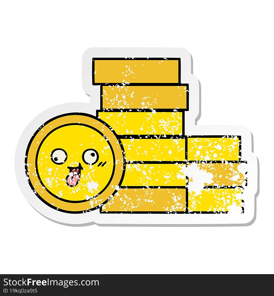 Distressed Sticker Of A Cute Cartoon Coins